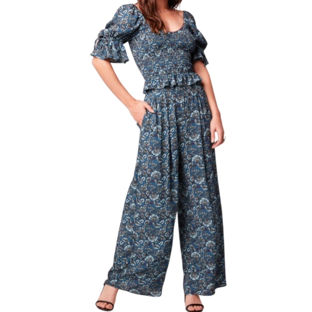 Band of the Free Boho Teal Floral Comfy Elastic Waist Wide Leg Pants SZ: Medium - Picture 1 of 7